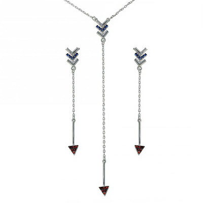 Sterling Silver Rhodium Plated Dangling With CZ Arrow Earrings And Necklace Set
