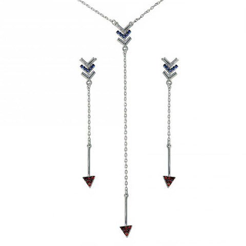 Sterling Silver Rhodium Plated Dangling With CZ Arrow Earrings And Necklace Set