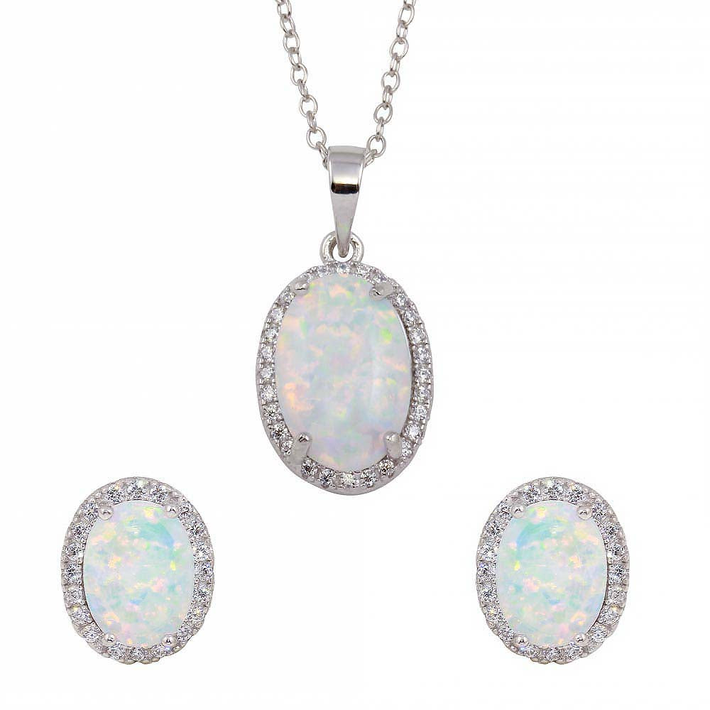 Sterling Silver Rhodium Plated Oval Synthetic Opal Necklace With CZ And Earrings Set