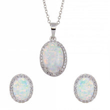 Load image into Gallery viewer, Sterling Silver Rhodium Plated Oval Synthetic Opal Necklace With CZ And Earrings Set