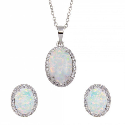 Sterling Silver Rhodium Plated Oval Synthetic Opal Necklace With CZ And Earrings Set