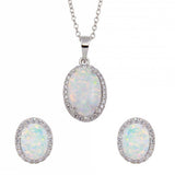 Sterling Silver Rhodium Plated Oval Synthetic Opal Necklace With CZ And Earrings Set