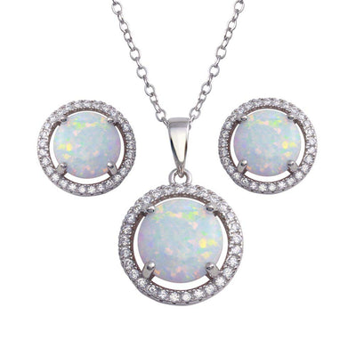 Sterling Silver Rhodium Plated Synthetic Opal Halo Jewelry Set
