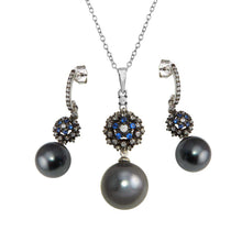 Load image into Gallery viewer, Sterling Silver Rhodium Plated Synthetic Black Pearl Necklace with CZ