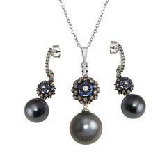 Sterling Silver Rhodium Plated Synthetic Black Pearl Necklace with CZ