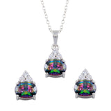 Sterling Silver Rhodium Plated Teardrop Synthetic Mystic Topaz CZ Set