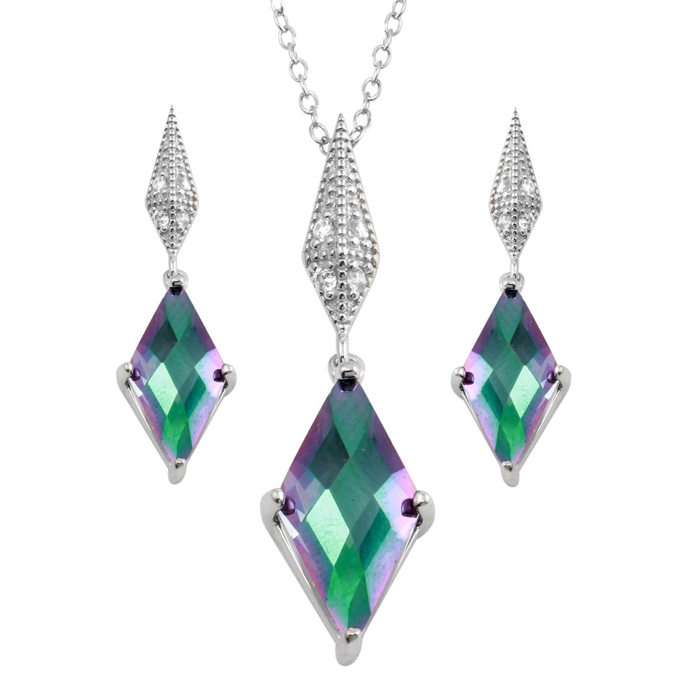 Sterling Silver Rhodium Plated Diamond Shape Synthetic Mystic Topaz CZ Set