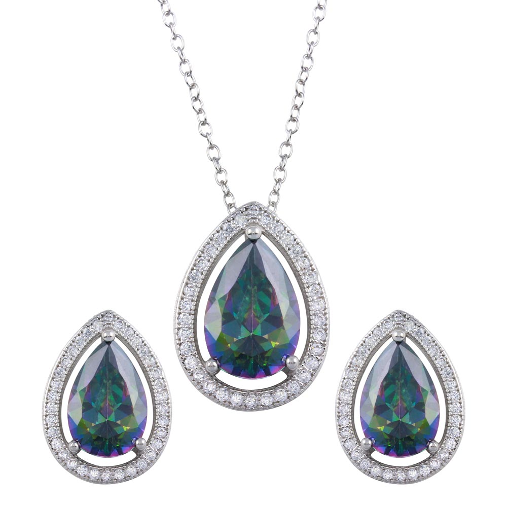 Sterling Silver Rhodium Plated Halo Teardrop Synthetic Mystic Topaz CZ Set