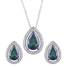 Load image into Gallery viewer, Sterling Silver Rhodium Plated Halo Teardrop Synthetic Mystic Topaz CZ Set