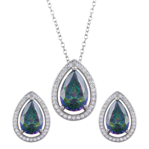 Sterling Silver Rhodium Plated Halo Teardrop Synthetic Mystic Topaz CZ Set