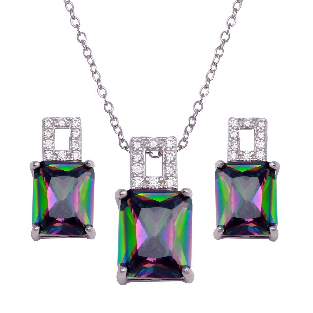 Sterling Silver Rhodium Plated Rectangle Synthetic Mystic Topaz CZ Set