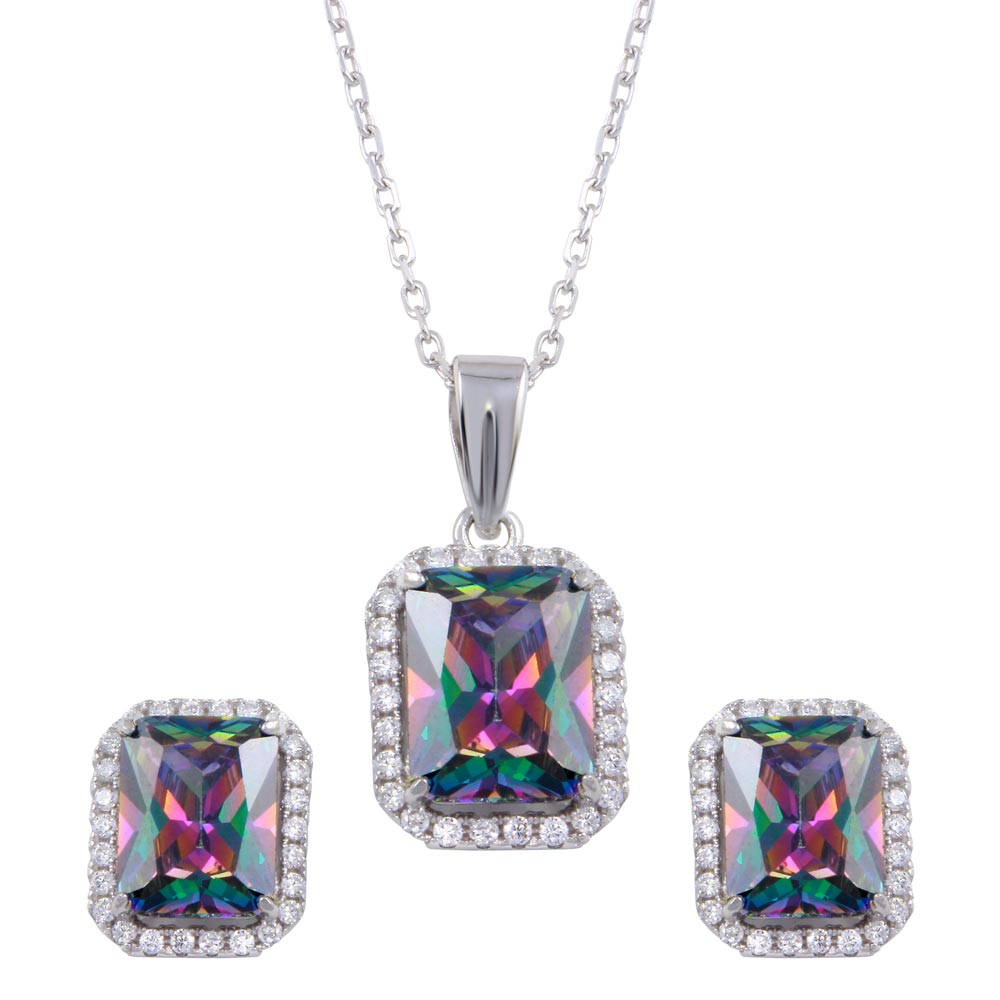 Sterling Silver Rhodium Plated Halo Rectangle Synthetic Mystic Topaz CZ Set