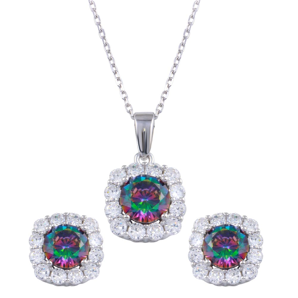 Sterling Silver Rhodium Plated Halo Synthetic Mystic Topaz CZ Set