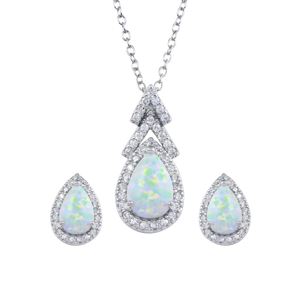 Sterling Silver Rhodium Plated Synthetic Opal Teardrop CZ Set