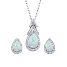 Load image into Gallery viewer, Sterling Silver Rhodium Plated Synthetic Opal Teardrop CZ Set