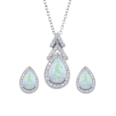 Sterling Silver Rhodium Plated Synthetic Opal Teardrop CZ Set
