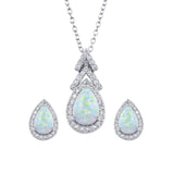 Sterling Silver Rhodium Plated Synthetic Opal Teardrop CZ Set