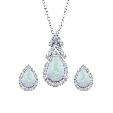Sterling Silver Rhodium Plated Synthetic Opal Teardrop CZ Set