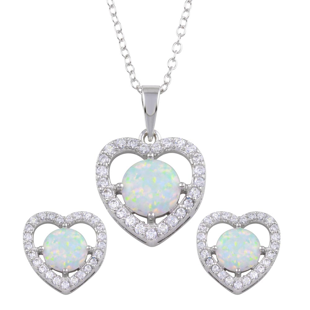 Sterling Silver Rhodium Plated Synthetic Opal Heart CZ Set