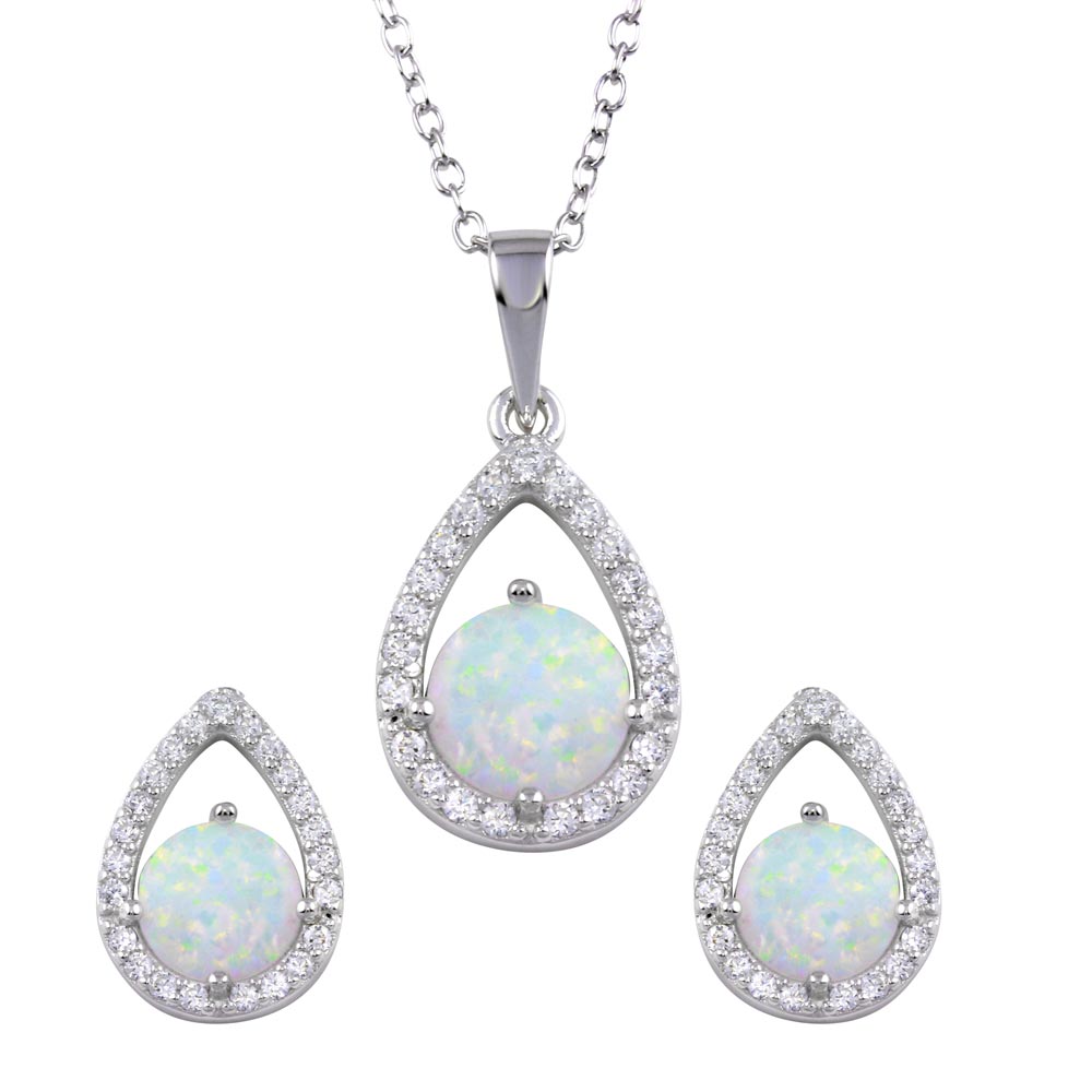 Sterling Silver Rhodium Plated Synthetic Opal Open Teardrop CZ Set