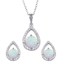 Load image into Gallery viewer, Sterling Silver Rhodium Plated Synthetic Opal Open Teardrop CZ Set