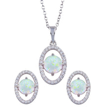 Load image into Gallery viewer, Sterling Silver Rhodium Plated Synthetic Opal Center Open Oval CZ Set