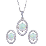 Sterling Silver Rhodium Plated Synthetic Opal Center Open Oval CZ Set