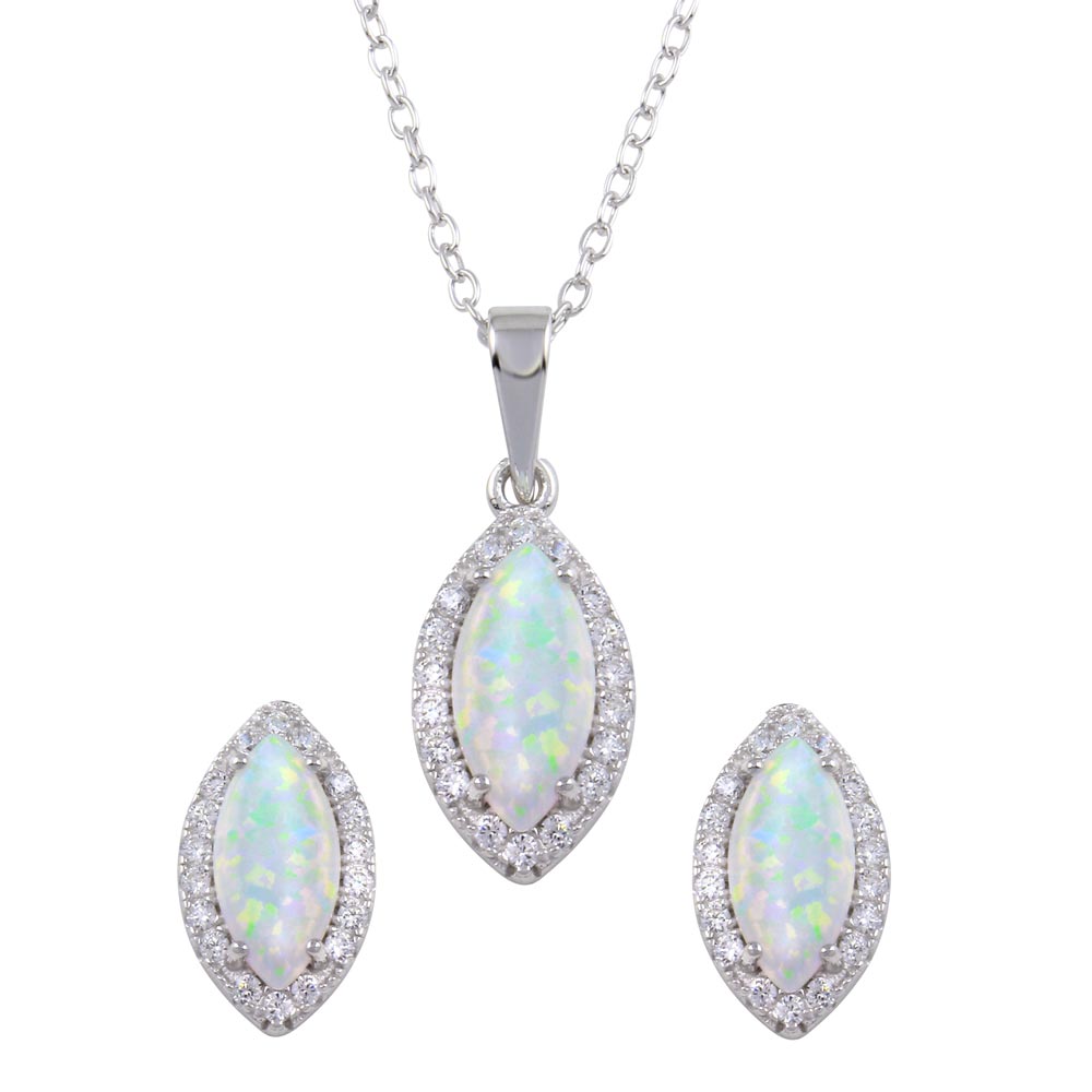 Sterling Silver Rhodium Plated Synthetic Opal Center Marquise Shape CZ Set