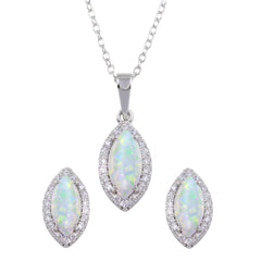 Sterling Silver Rhodium Plated Synthetic Opal Center Marquise Shape CZ Set
