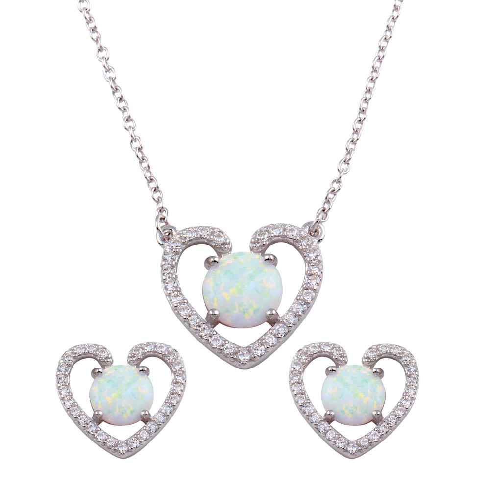 Sterling Silver Rhodium Plated Synthetic Opal Open Heart CZ Set