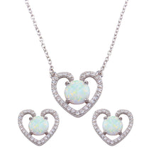 Load image into Gallery viewer, Sterling Silver Rhodium Plated Synthetic Opal Open Heart CZ Set