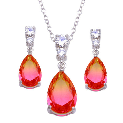Sterling Silver Rhodium Plated Orange Pink Teardrop Set