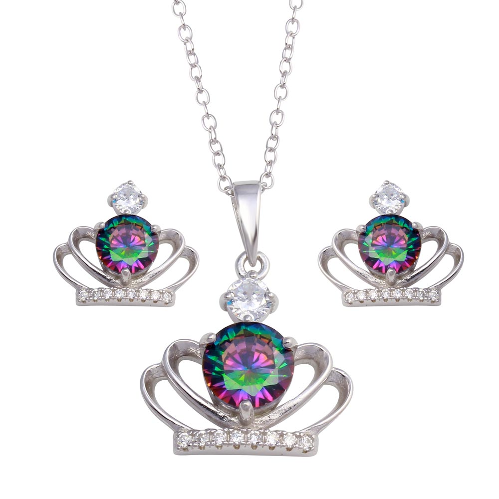 Sterling Silver Rhodium Plated Crown Synthetic Mystic Topaz CZ Set