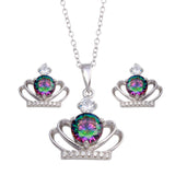 Sterling Silver Rhodium Plated Crown Synthetic Mystic Topaz CZ Set