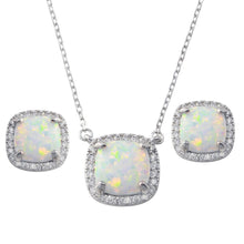 Load image into Gallery viewer, Sterling Silver Rhodium Plated Square Synthetic Opal Halo Set with CZ