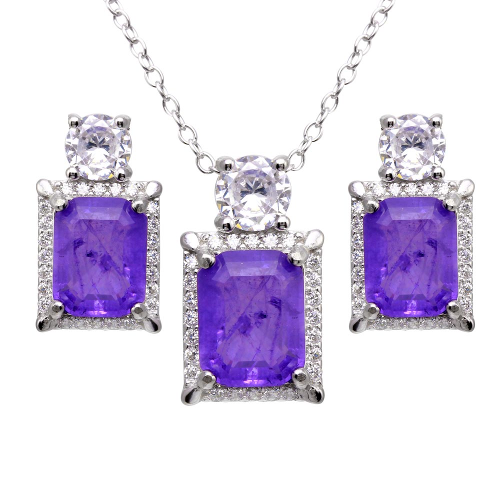 Sterling Silver Rhodium Plated Rectangle Purple Halo CZ Set