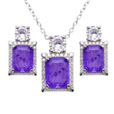 Sterling Silver Rhodium Plated Rectangle Purple Halo CZ Set