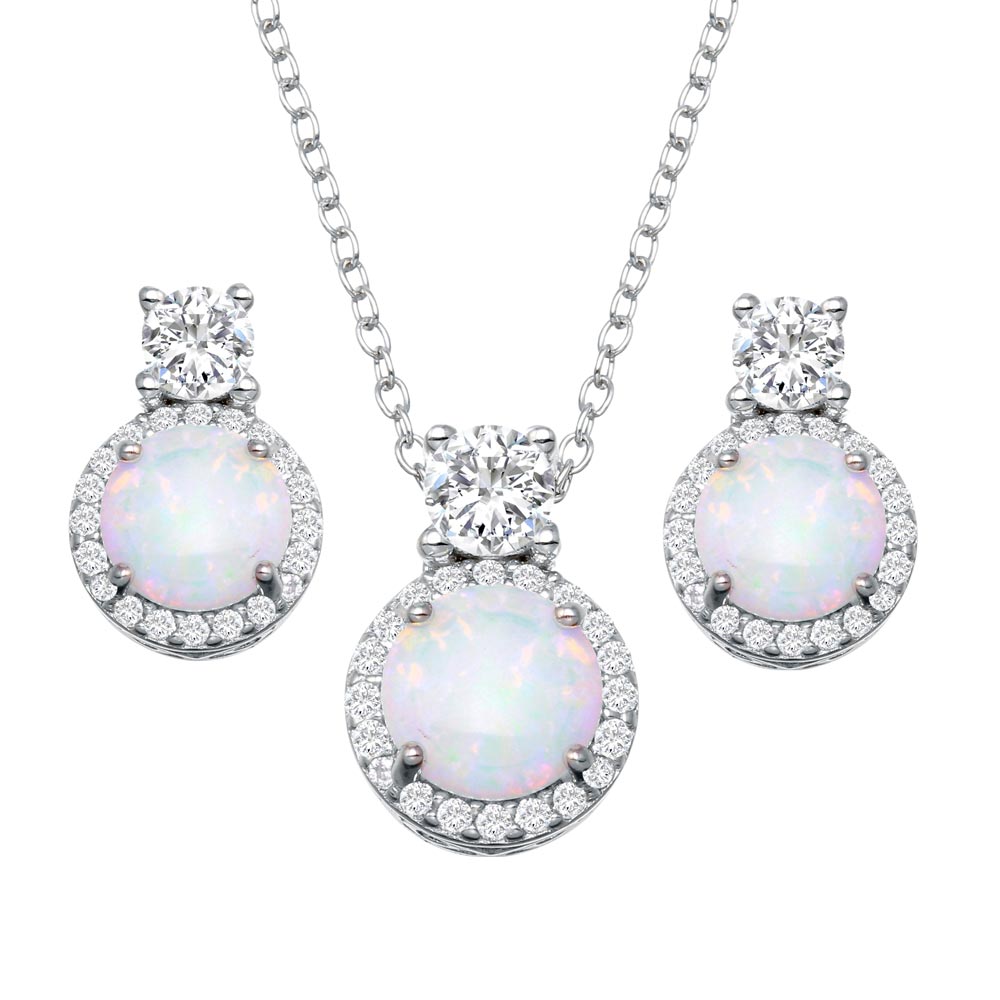 Sterling Silver Rhodium Plated Round Synthetic Opal Halo Set with CZ