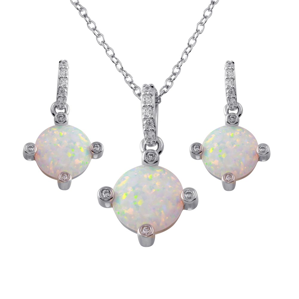 Sterling Silver Rhodium Plated Round Synthetic Opal 4 Corner CZ Set