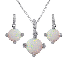 Load image into Gallery viewer, Sterling Silver Rhodium Plated Round Synthetic Opal 4 Corner CZ Set