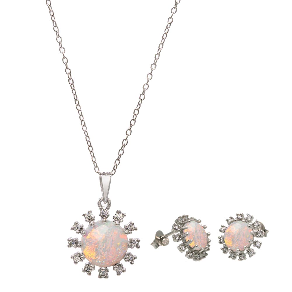 Sterling Silver Rhodium Plated Flower Synthetic Opal Halo with CZ Set