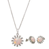 Sterling Silver Rhodium Plated Flower Synthetic Opal Halo with CZ Set