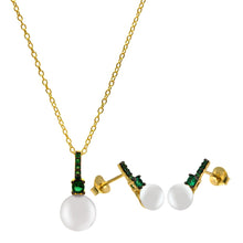 Load image into Gallery viewer, Sterling Silver Gold Plated Synthetic Mother of Pearl Green CZ Set Earrings and Necklace