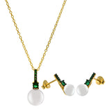 Sterling Silver Gold Plated Synthetic Mother of Pearl Green CZ Set Earrings and Necklace