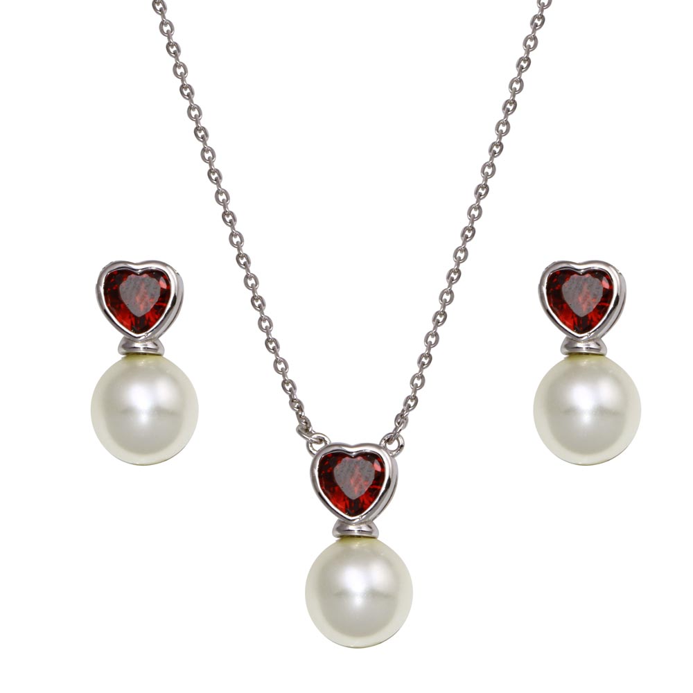 Sterling Silver Rhodium Plated Red CZ Heart Dangling Pearl Set