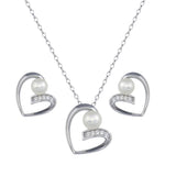 Sterling Silver Rhodium Plated Open Heart Pearl Earring and Pendant Set