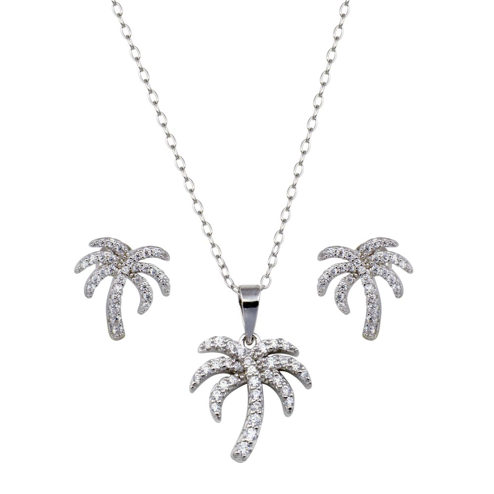 Sterling Silver Rhodium Plated Palm Tree CZ Earring and Pendant Set