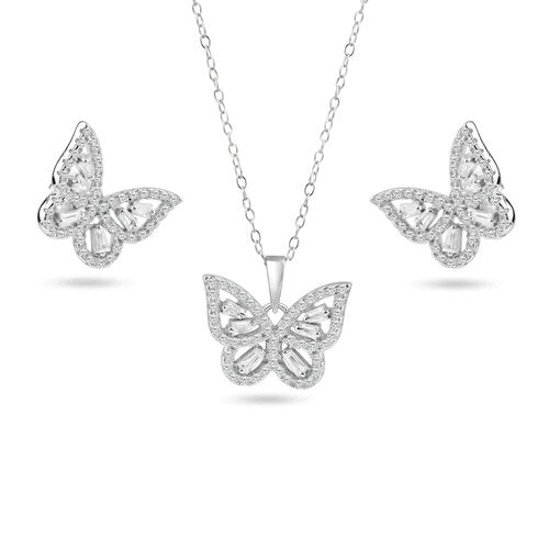 Sterling Silver Rhodium Plated Butterfly Clear Baguette CZ Earring and Pendant Set