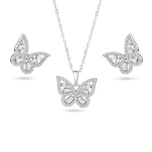 Load image into Gallery viewer, Sterling Silver Rhodium Plated Butterfly Clear Baguette CZ Earring and Pendant Set