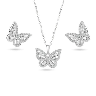 Sterling Silver Rhodium Plated Butterfly Clear Baguette CZ Earring and Pendant Set